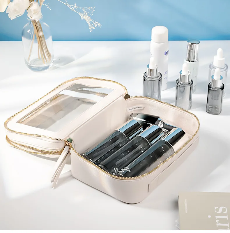 Double Zipper Layer Saffiano Leather Makeup Organizer Toiletry Storage Bag Clear PVC Transparent Cosmetic Bag For Travel