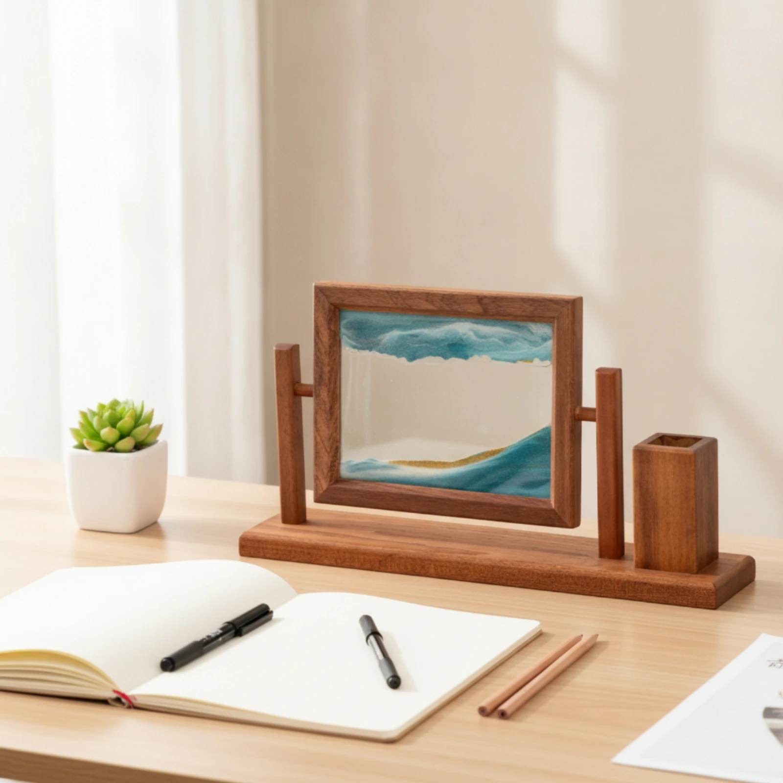 Sand Art Frame with Pen Holder Decorative Rotating Sand Art Frame Sandscape Relaxing Decor Calming for Professionals, Office