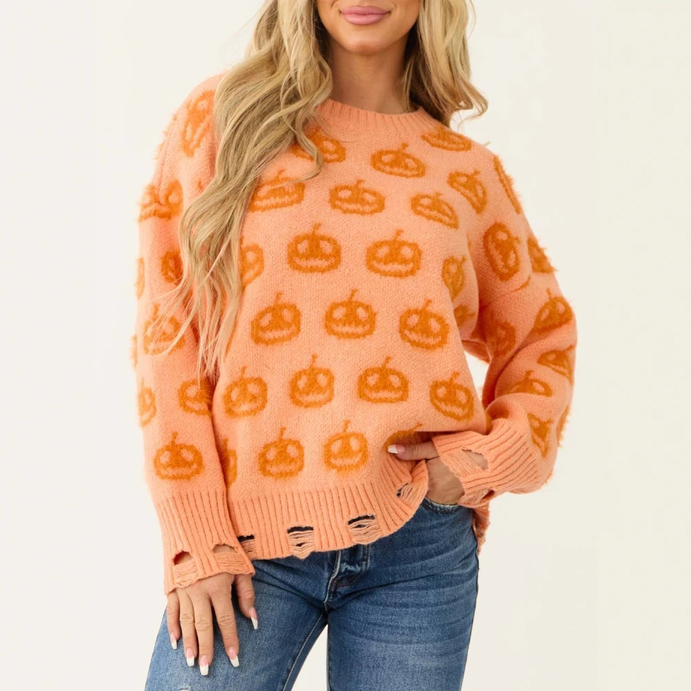 

Women's Halloween Party Sweater Pumpkin Long Sleeve Crew Neck Loose Fit Autumn Winter Festival Wear