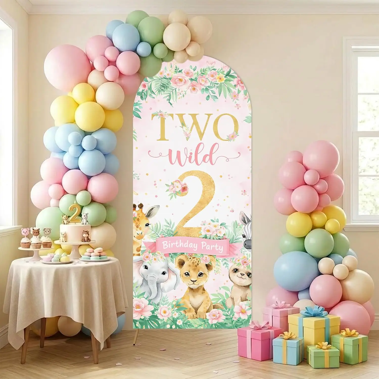 Custom 2-sided Two Wild Birthday Party Banner Background Pink Jungle Animals Safari Girl Dessert Cake Table Arch Backdrop Cover