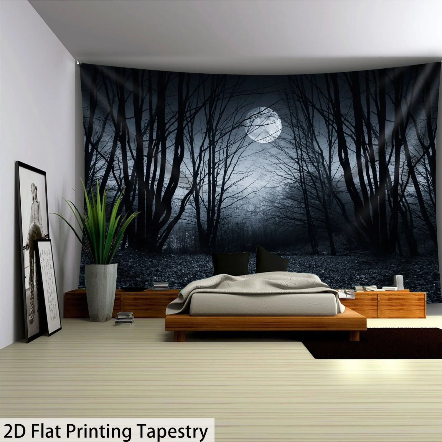VIKAMA Halloween Gothic Wall Tapestry Full Moon Mist Dead Wood Dark Forest Cold Tune Night Wallpaper Party Decoration
