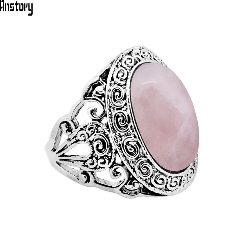 Vintage Pink Quartz Jades Amethysts Rings For Women Antique Silver Plated Plant Snail Fashion Ring