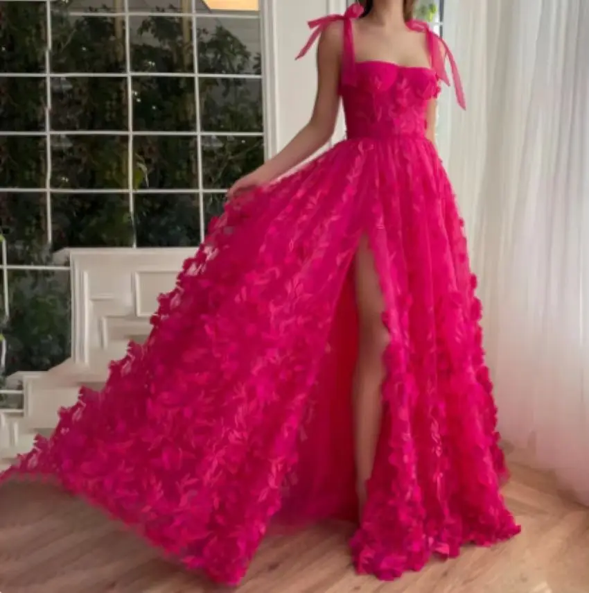 Applique 3D Fuchsia Flowers Prom Dresses Floor Length Celebrity Dresses Custom Sweetheart Evening Party Gowns with Slit