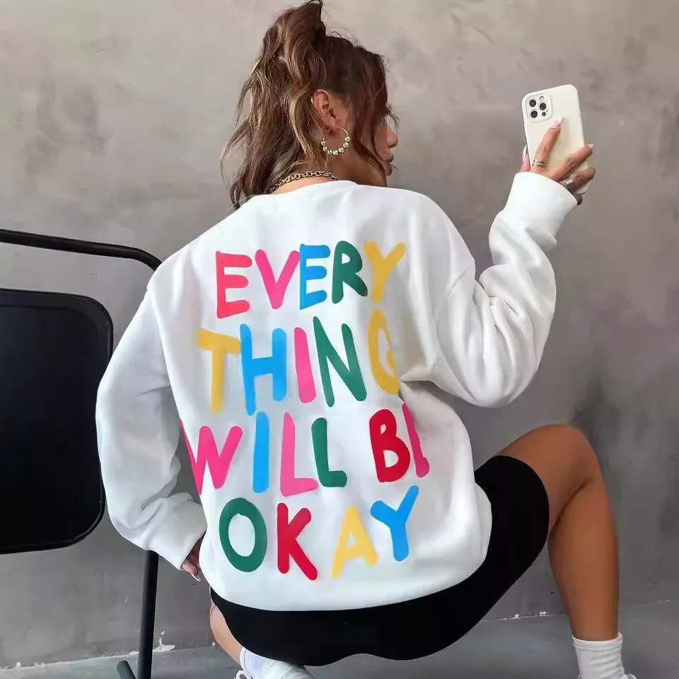 

Autumn Fashion Women's Sweatshirt Everything Will Be Okay Letter Printed Pullover Warm Loose Hoodies Casual Women Clothing Y2k