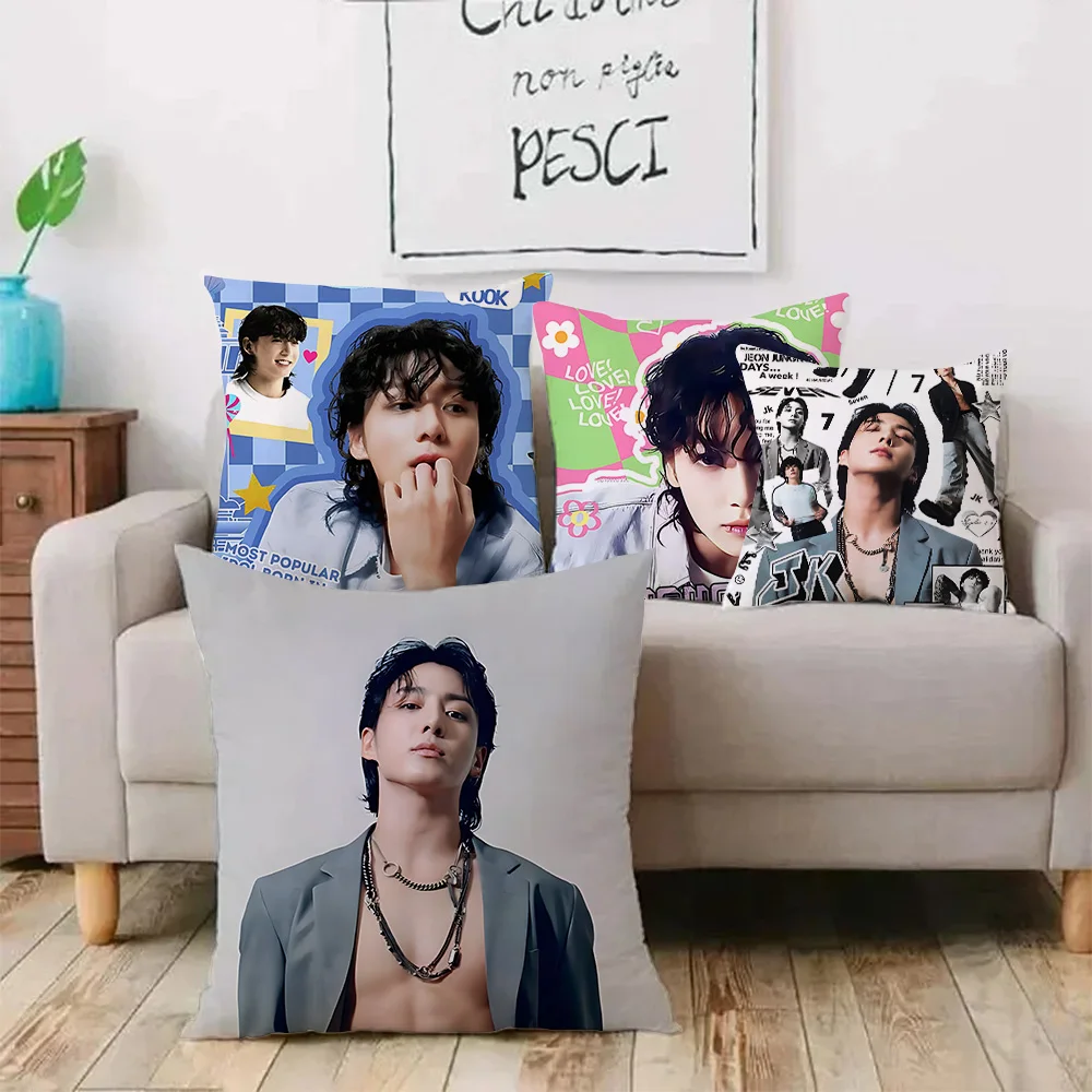 K-Pop Korean singer Jungs Kooks Pillow Covers Cartoon Sofa Decorative Home Double-sided Printing Short Plush Cute Cushion Cover