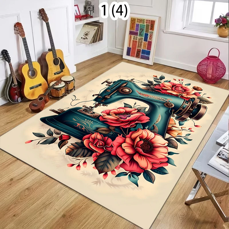 Vintage Nähmaschinen-Design Teppich Rutschfester Flanell-Teppich für Zuhause Büro Wohnzimmer Schlafzimmer Deko Bodenmatte Teppich