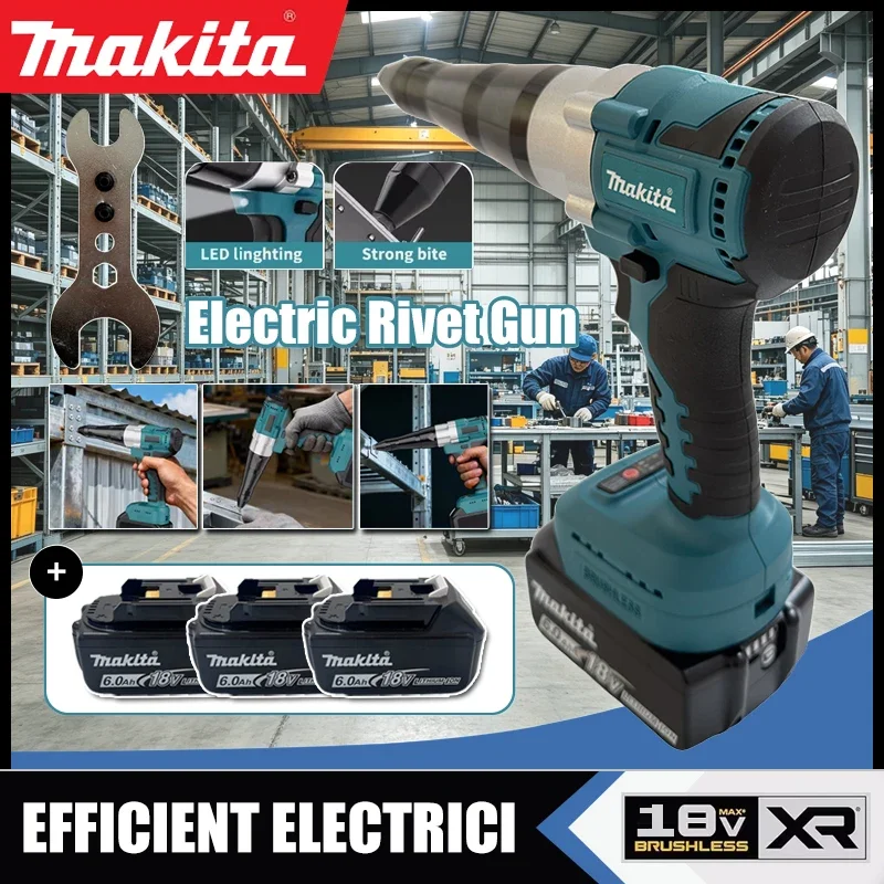 Pistola de Rebitagem Elétrica Sem Escovas Makita 25000N, Sem Fio, para Rebitadores de 3.2-4.8mm, Ferramenta Automática para Bateria Makita 18V