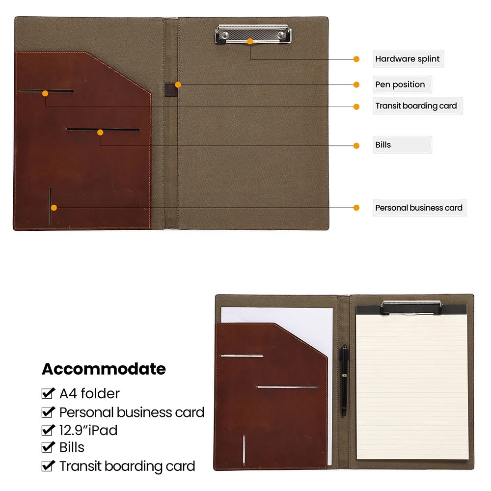 Imagem -04 - Joyir Couro Genuíno Pasta Carteira de Negócios Organizador Pessoal com Tamanho a4 Clipboard Escritório Carteira Trabalho para 12 Ipad
