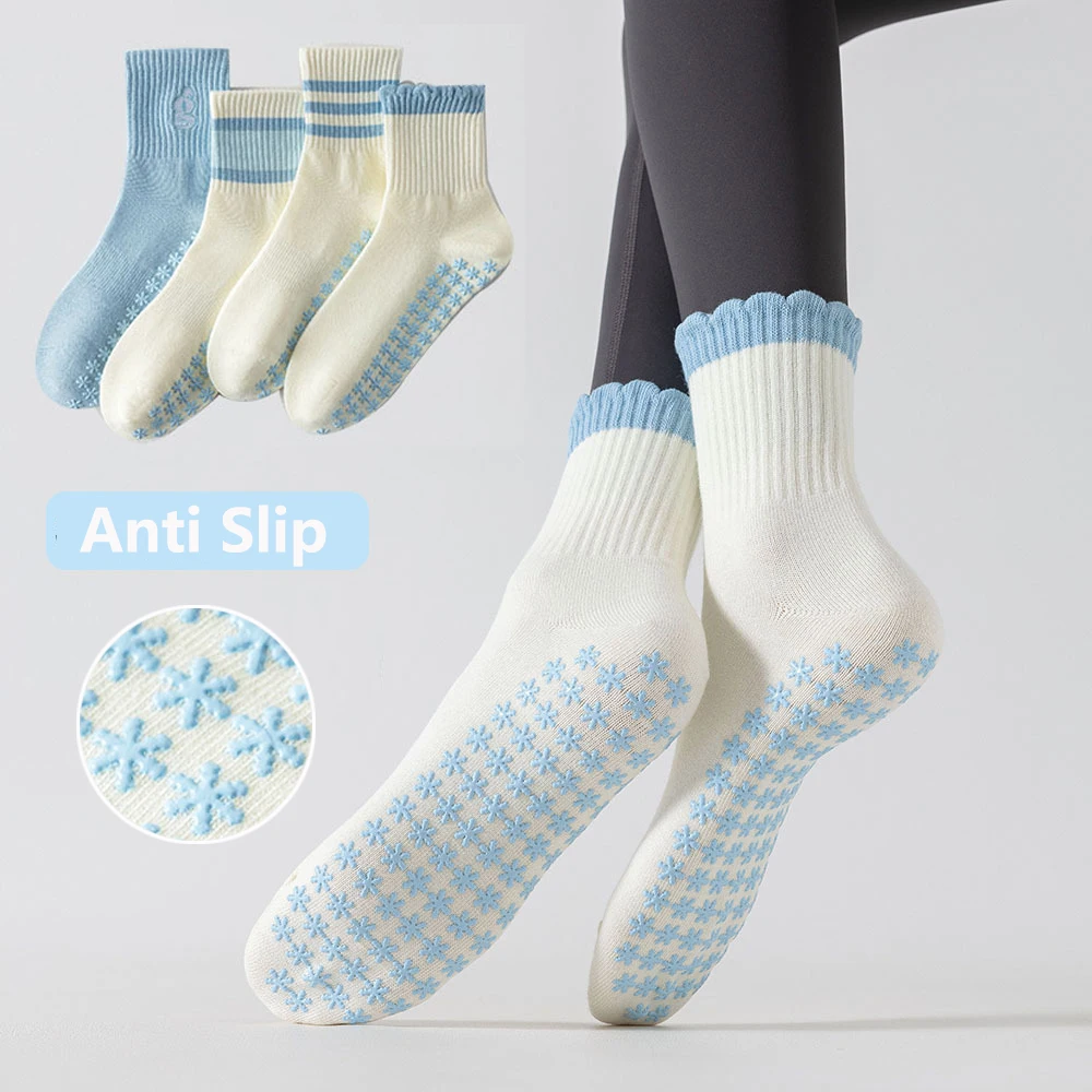 Chaussettes de yoga et de Pilates pour femmes, série bleu ciel, motifs à rayures ondulées, antidérap