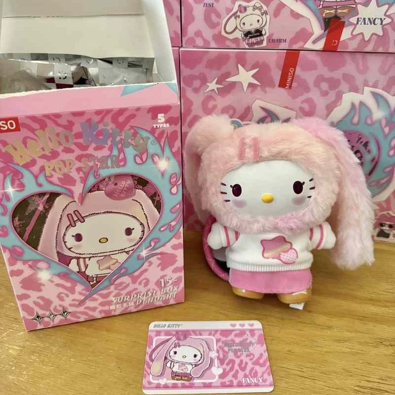 Neu auf Lager – Miniso Hello Kitty Popstar Series Vinyl-Plüsch-Blindbox, süßes und modisches Kt-Katzen-Puppen-Taschenanhänger-Geschenk für Mädchen
