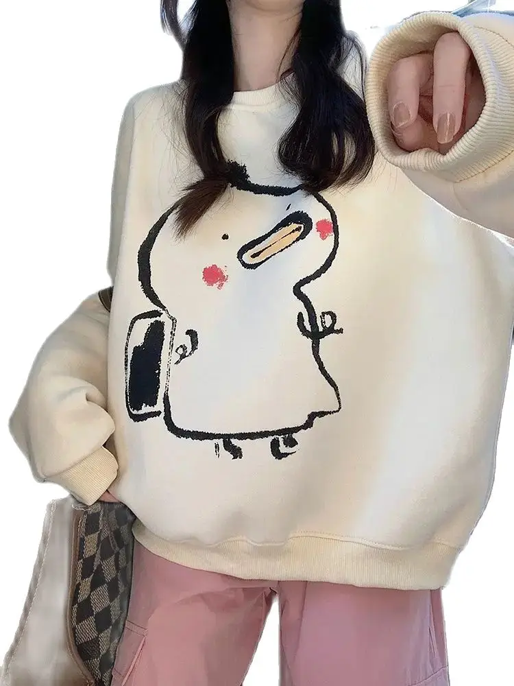 المرأة المتضخم Crewneck البلوز ، الكورية الصوف هوديس ، Kawaii الكرتون ، بلايز عادية ، الإناث ، الخريف ، الشتاء ، الكورية