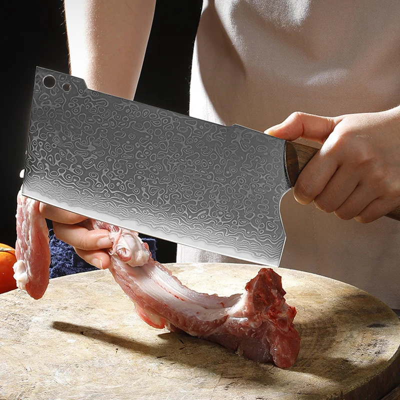 

7.5 Inch Chopper Knife Damascus Steel 10Cr15CoMov Blade Wood Handle Chef Cleaver Slicing Kitchen Knife Meat And Poultry Tools