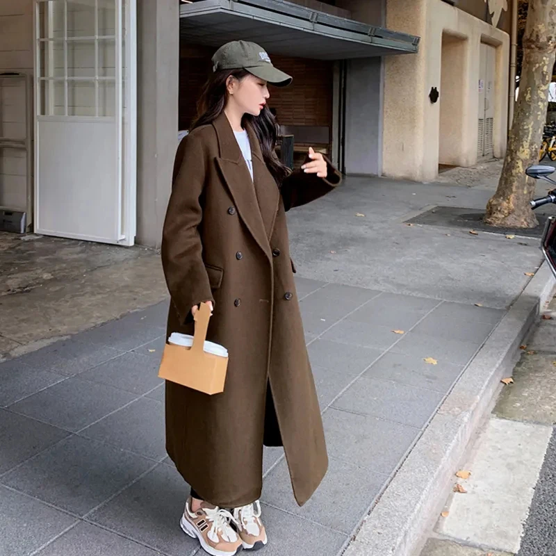 Y2K Faux Wool Coats for Women Winter Thick Warm Double Breasted