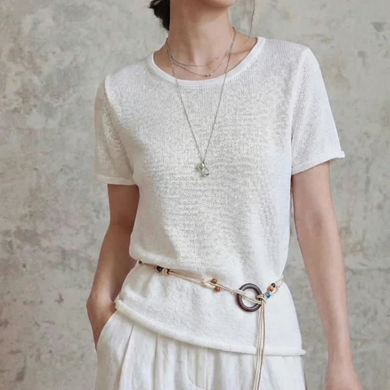 Summer New Style And Paper Yarn Short Sleeved Women's Round Neck Thin Fit Loose Slimming Knitted Shirt Top T-shirt Pullover Vest