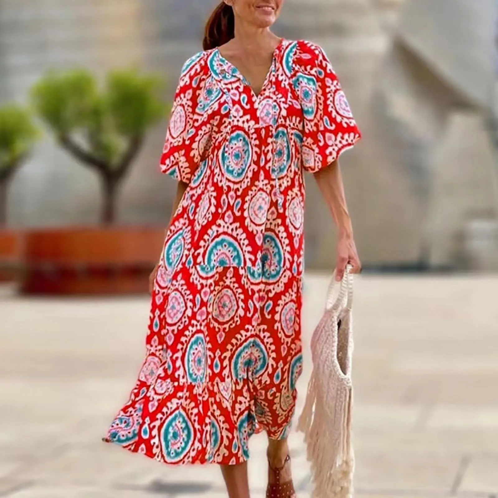 Women Vintage Bohemian Beach Dress Fashion Bubble Sleeve Long Dress Spring Summer Autumn Female Casual Loose Maxi Dresses