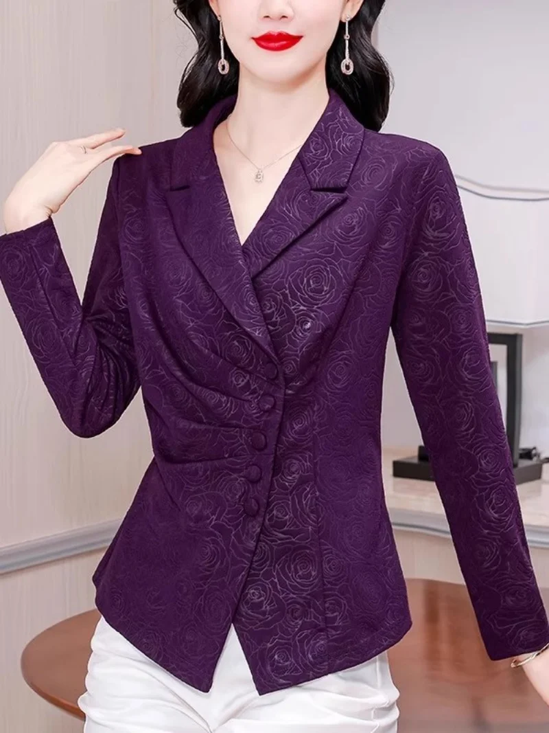 Elegant Purple Blazer for Women, Vintage Jacquard Office Jacket, Spring Autumn Business Casual Stylish Outerwear w1706