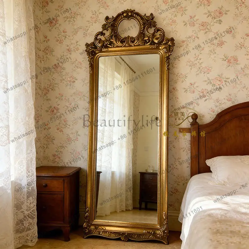 

French retro light luxury floor mirror living room entrance carved decorative mirror home