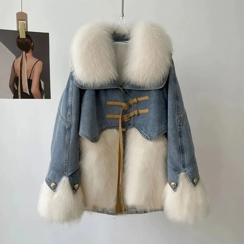 2024 Denim Faux Fox Fur Down Jacket New Winter Warm Velvet Denim Coat  Big Fur Collar Coat Winter Casual Thick Warm Jean Coat