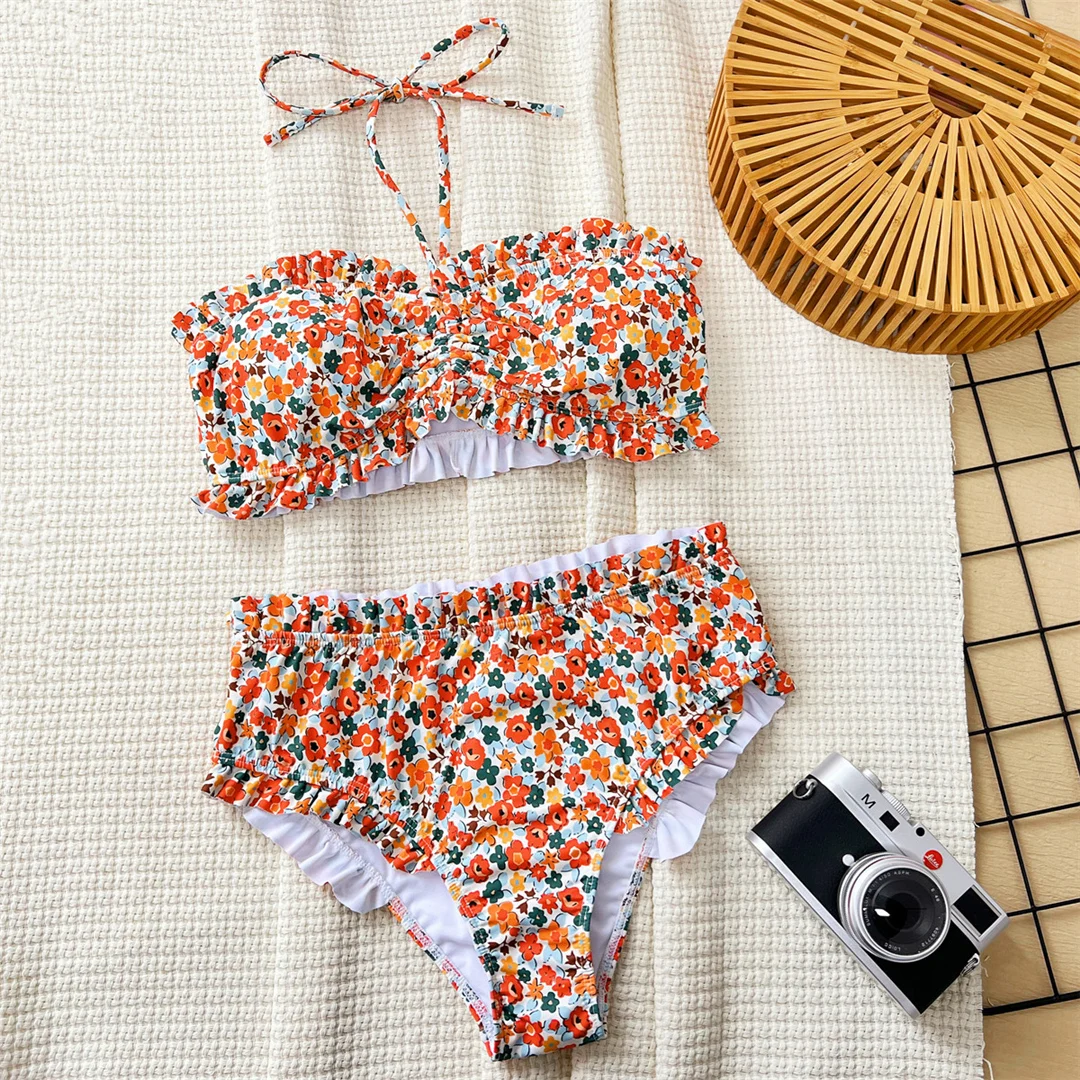 Blumenmuster-Bandeau-Badeanzug für Damen, Bikini mit hoher Taille, zweiteiliges Bikini-Set, Badebekleidung, Badeanzug, Modell V6613. – Detail 18