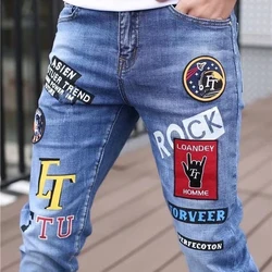 Fashion Blue Elastic Skinny Pants Man Graffiti Jeans Male Streetwear Vintage Wash Biker Denim Trouser Mens Casual Slim fit Pants