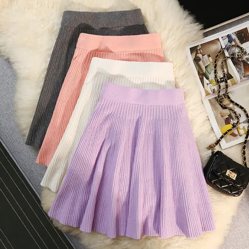 Autumn Winter Knitted Pleated Short Skirt Women Umbrella Tutu Skirt Sexy Elastic High Waist Slim Club Party Mini Skirts