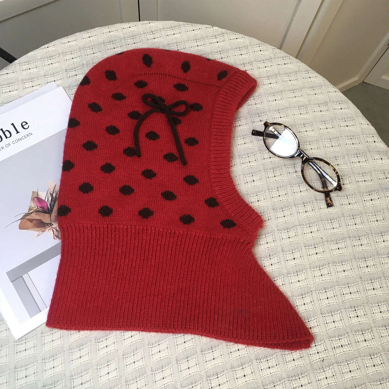 Koreanische Version Polka Dot Schleife Balaclava-Mütze Herbst- und Winter-Outdoor-Wärmeschal-Mütze Einteilige Strickmütze für Damen – Detail 5