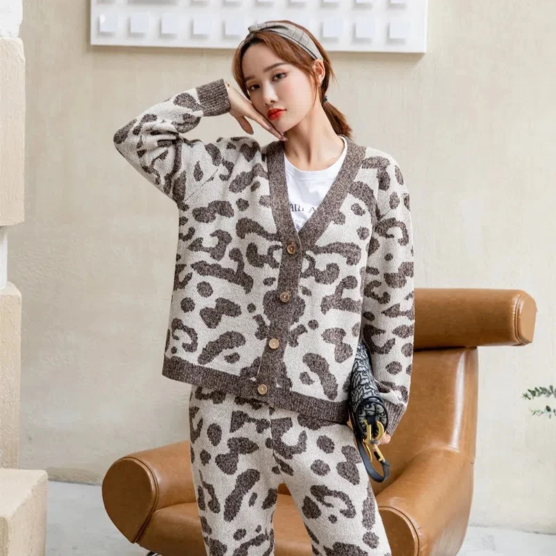 Autumn Winter Leopard Pant Sets For Women Vintage Casual Knitting Outfits V Neck Cardigans + Harem Pants Lady Chic Knitted Suits