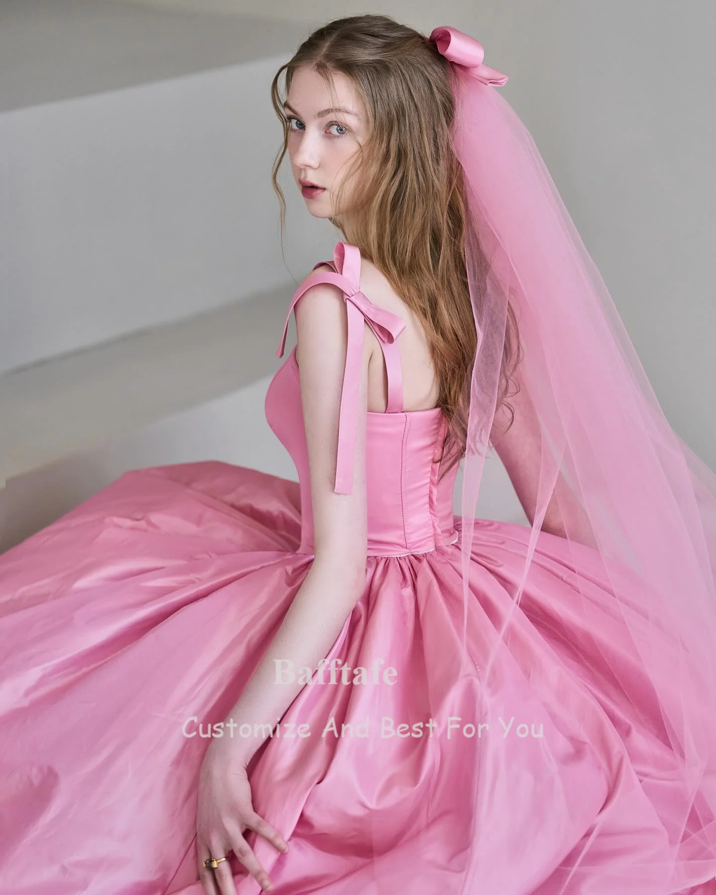 Pink Korea A Line Taffeta Prom Dresses Different Styles Women Formal Party Dress Bow Spaghetti Strap Evening Gowns Customized