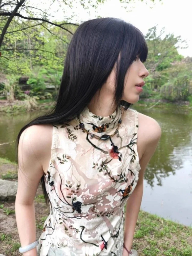 

Y2K ретро Harajuku цветок Орел птица классический Cheongsam жилет без рукавов 2025 летний сексуальный пикантный облегающий топ для девочек эмо