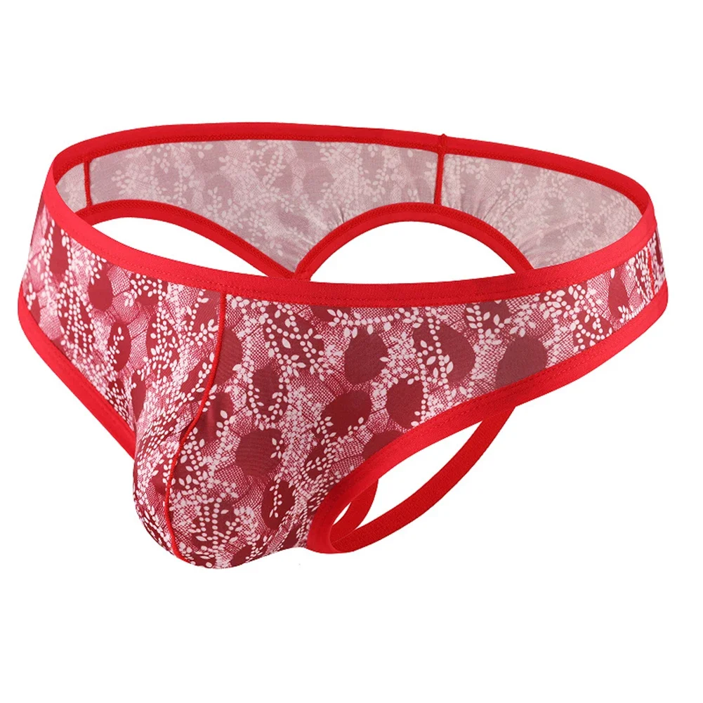 New Men Sexy Printed Lace Backless Briefs Hollow Out Pouch Panties Lingerie Low Rise Jock Strap Underpants Slim Thin Male Thongs