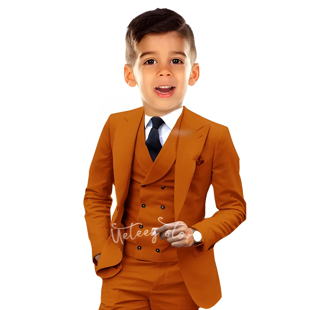 Tenue de mariage orange imbibée pour garçons, smoking, robe de cérémonie, blazer formel personnalisé pour enfants, ensemble de 3 pièces