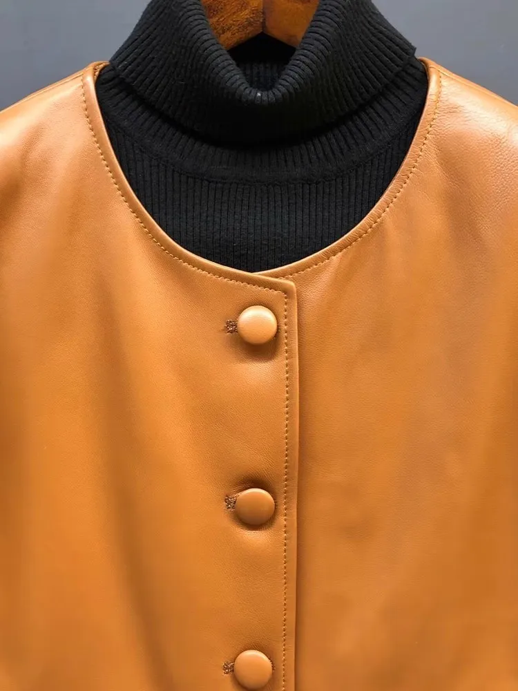 Autunno primavera pelle di pecora naturale O-Collo moda arancione giacca da donna dritto monopetto in vera pelle cappotto corto capispalla