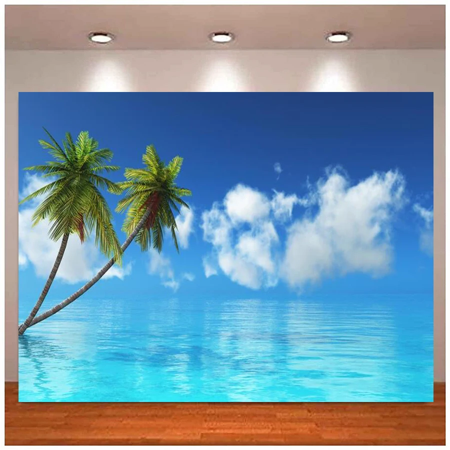 Summer Holiday Photography Backdrop Sea And Blue Sky Cloud Palm Tree Adult Baby Portrait Props Background Photo Studio Banner