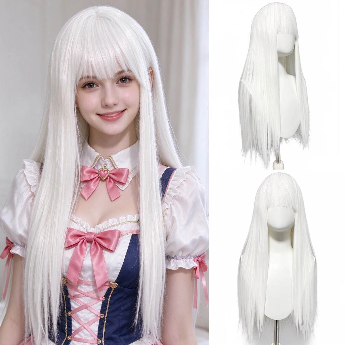 28 inch Long Straight Synthetic Wig with Bangs for Women Lolita Cosplay Costume Wig for Party Daily Wear