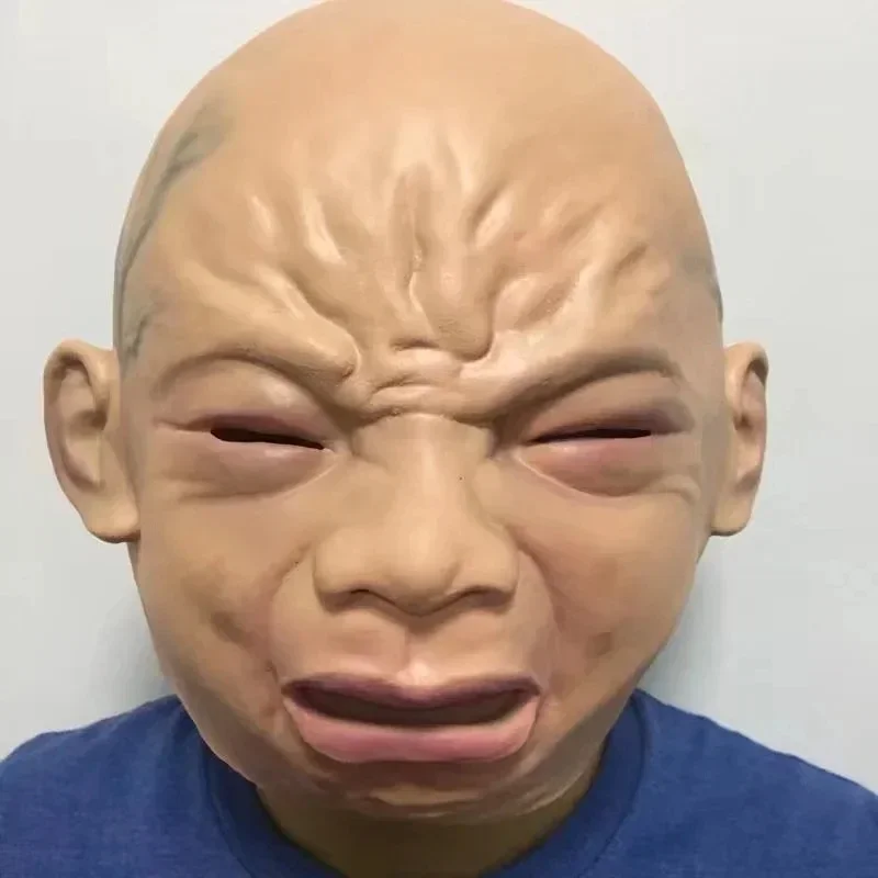 

2025Masque de bébé qui pleure drôle, cosplay de la tête complète, équipement de sauna en latex, fête d'Halloween, masque d'horre