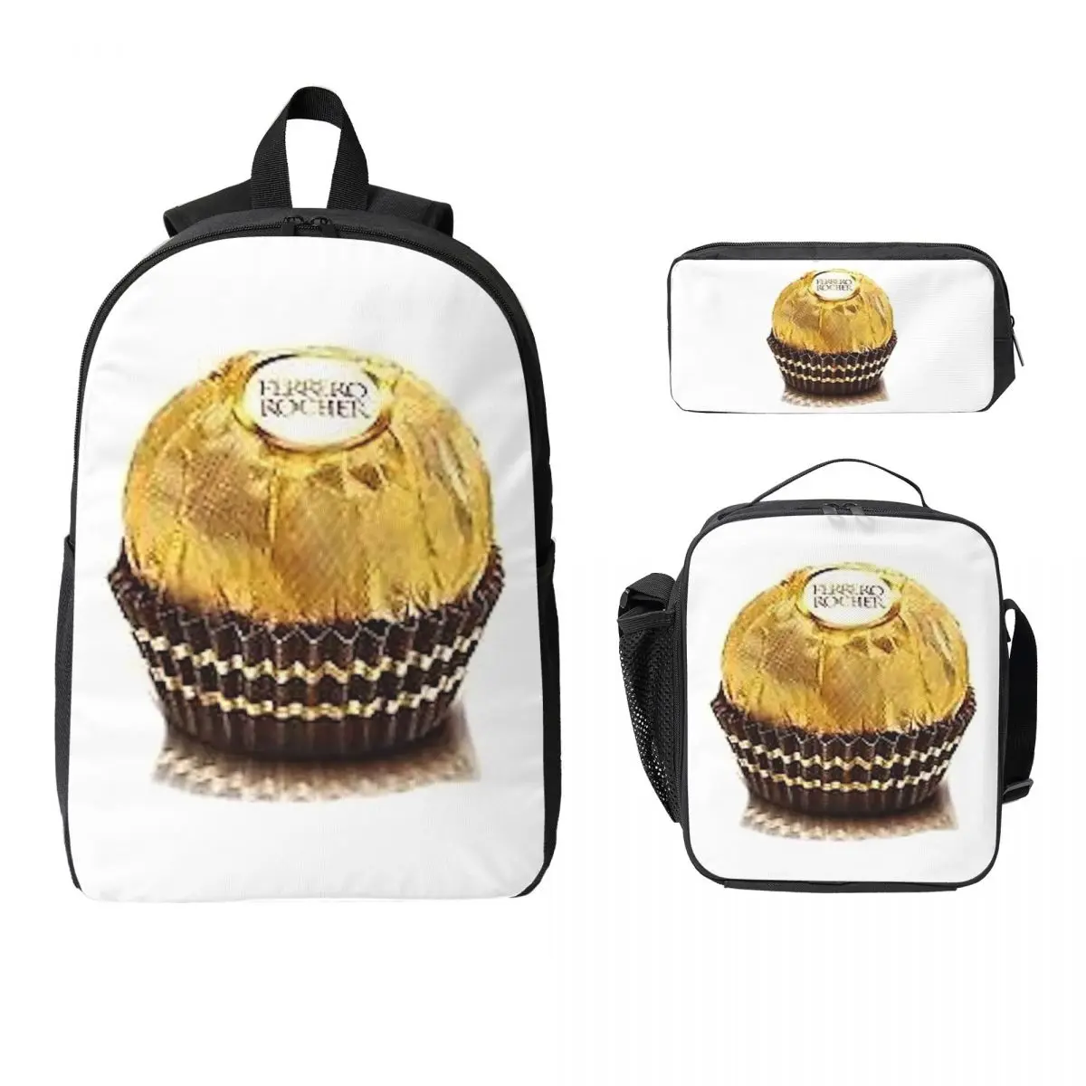Mochila Ferrero Rocher, mochila escolar para estudiantes, bolsos de hombro para ordenador, 3 piezas, bolsa térmica para el almuerzo, estuche para lápices