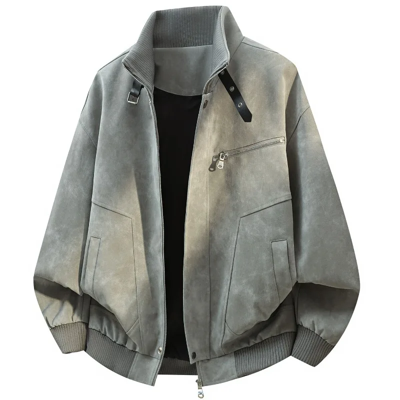 KIDWHXR Autumn Men Jacket Vintage Printed Man Loose Casual Outerwear Stand Collar Long Sleeve Windproof Male Leather Coat