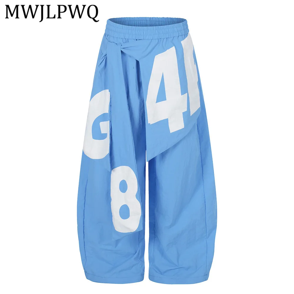 MWJLPWQ Contrast Color Letter Print Drawstring Flap Curved Wide-Leg Pants Men's Hip-Hop Design Loose Silhouette Trousers 16350