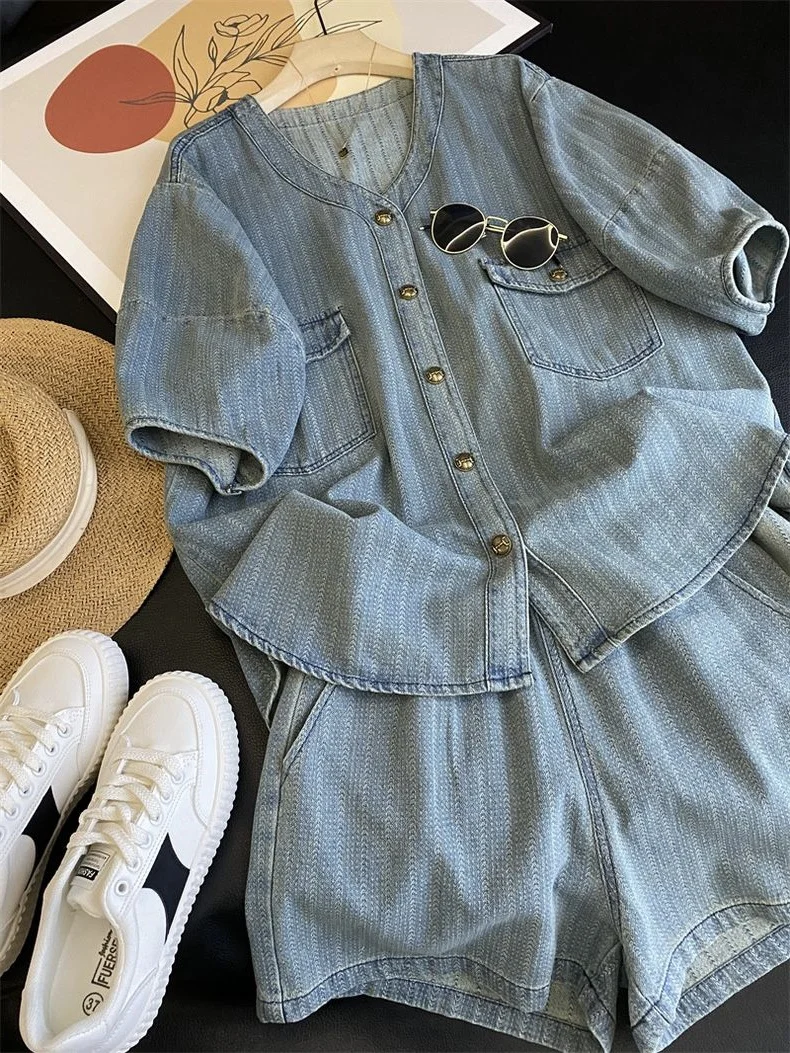 

plus Size Women's Vintage Hong Kong Sle Denim Set Summer Loose Top orts Two-Piece Suit High Waist ort Sve V-Ne