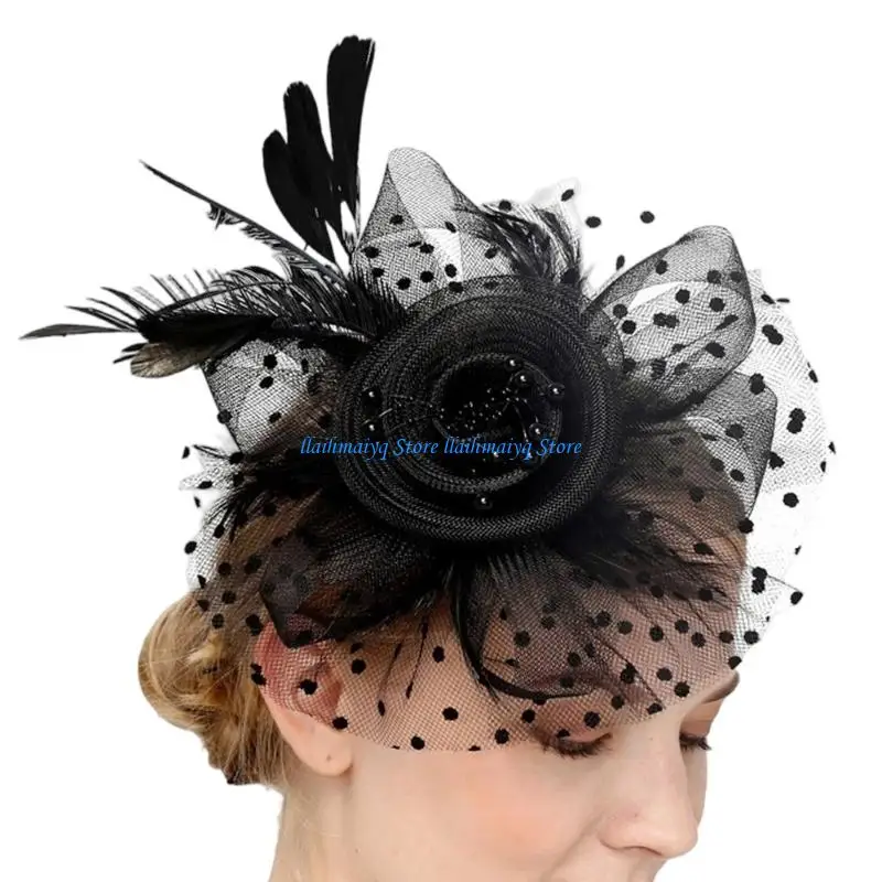 573B Feathered Small Top Hat Fascinator Hat For Evening Dinners And Outings Flapper Tulle Hat for Galas Cocktail Event