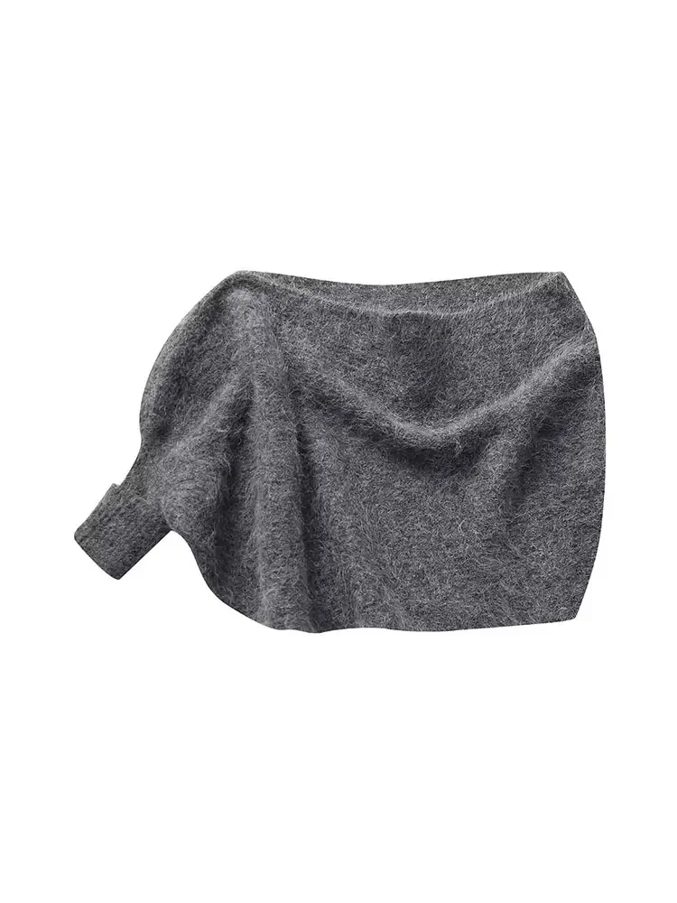 Nlzgmsj TRAF 2024 Women Irregular Knitted Sweater One Shoulder Long Sleeve Crop Tops Female Cloak Coats Vintage Autumn Clothes