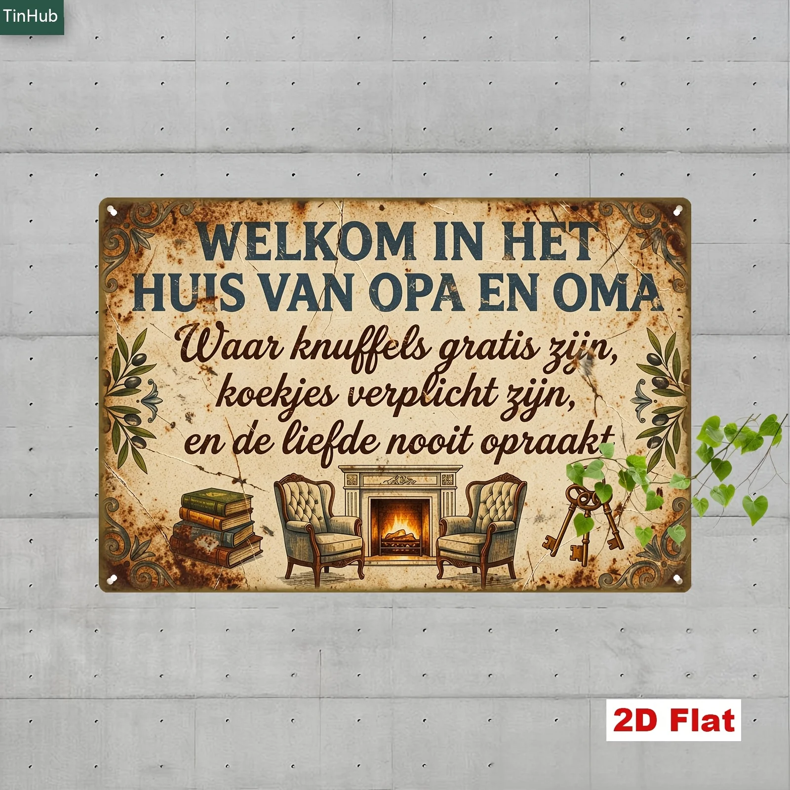 2D Flat 1pc Retro Dutch Slogan Metal Sign, Welcome to Grandpa And Grandma'S House, Hugs Free, Required, Love Never Ends, Warm Ho