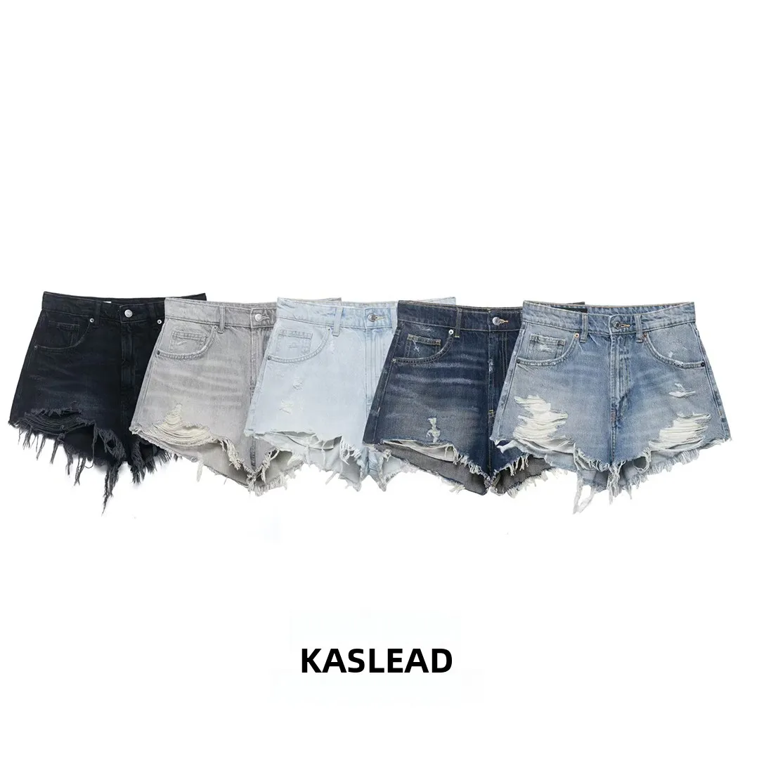 

KASLEAD New Women's Fashion Versatile High Waist Denim Shorts Decorative Hole Design Casual Pants High Waist Polyester Fiber