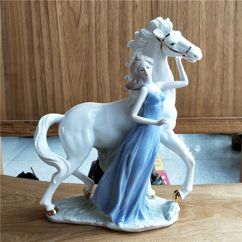 Antique Porcelain Princess Figurine Ceramic White Horse Miniature Ornament Home Decor Craft Valentine's Day Present for Daughter