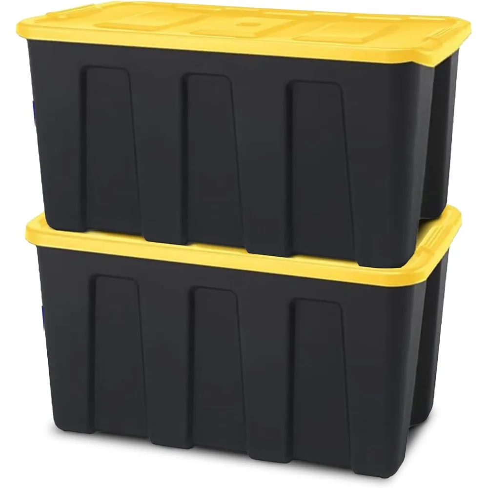 

2-Pack Durabilt Tote, Heavy Duty Plastic Storage Bins with Lids, 34 Gallon, Black/Yellow - Stackable Organizing Containers for