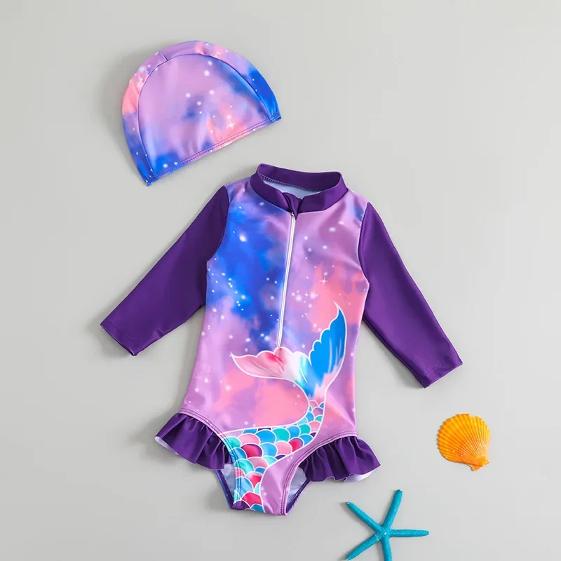 Summer Girls One-piece Swimsuit Baby Girl Cute Cartoon Mermaid Long Sleeve Zipper Quick-Dry Beachwear Swimwear Bathing Suit