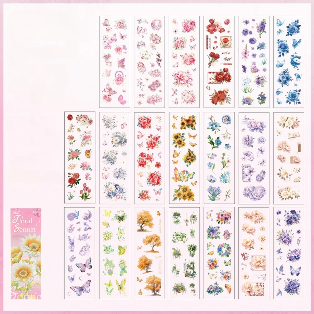 

20 Sheets Flowers Scrapbook Stickers Transparent Flower Design Junk Journal Stickers PET Material Removable