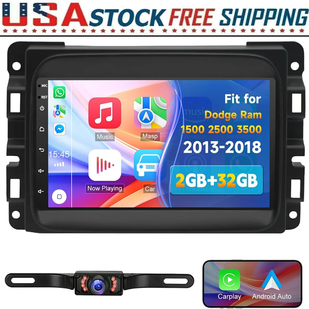 New 7inch LHD DSP Stereo Touch Car Video Player Android 13 2+32G GPS Navigation Head Unit For Dodge Ram 2013-2018/2024/1500 Bighorn 2020/2500 2021 Support Wireless Carplay Android Auto Car Radio Bluetooth WiFi FM RDS SWC DSP EQ Backup Camera