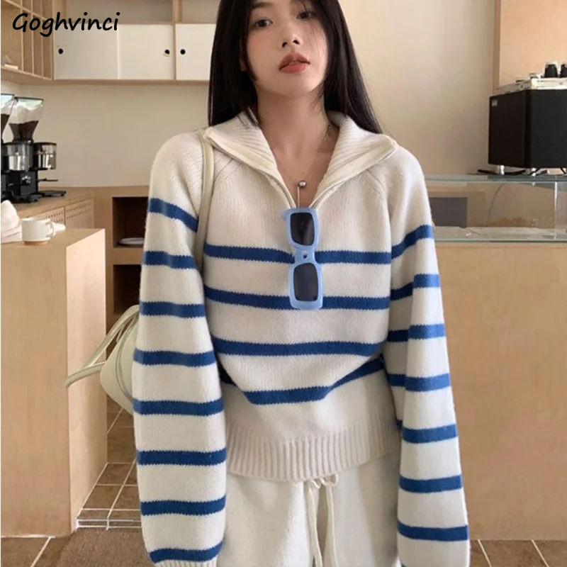 Pullovers Women Striped Zipper Loose Casual Knitted Sweaters Preppy Style Design Sweet Outwear Age-reducing Cozy Fashion Ulzzang