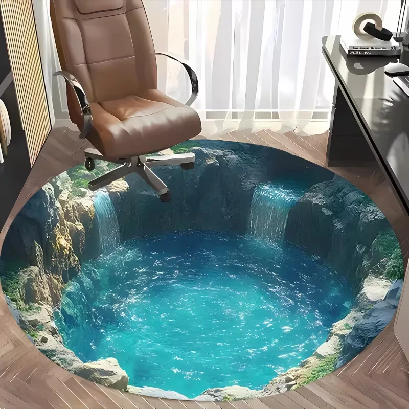 2D Waterfall Cave Round Rug Non‑Slip Illusion Scenery Floor Mat Office Chair Bedroom Living Room Decor Soft Circle Carpet